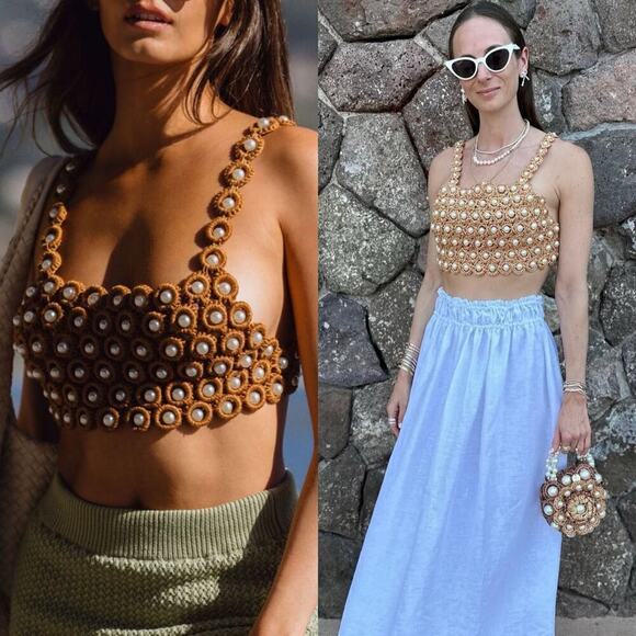 Alameda Turquesa Tops - Alameda Turquesa Hana Pearl Embellished Crochet Crop Top White O/S NWT $432